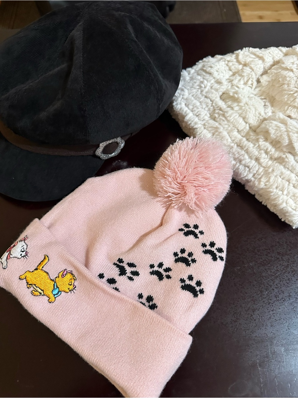 Kids Pink Pom Beanie with Paw Print and Cat Embroidery Hat set of 3